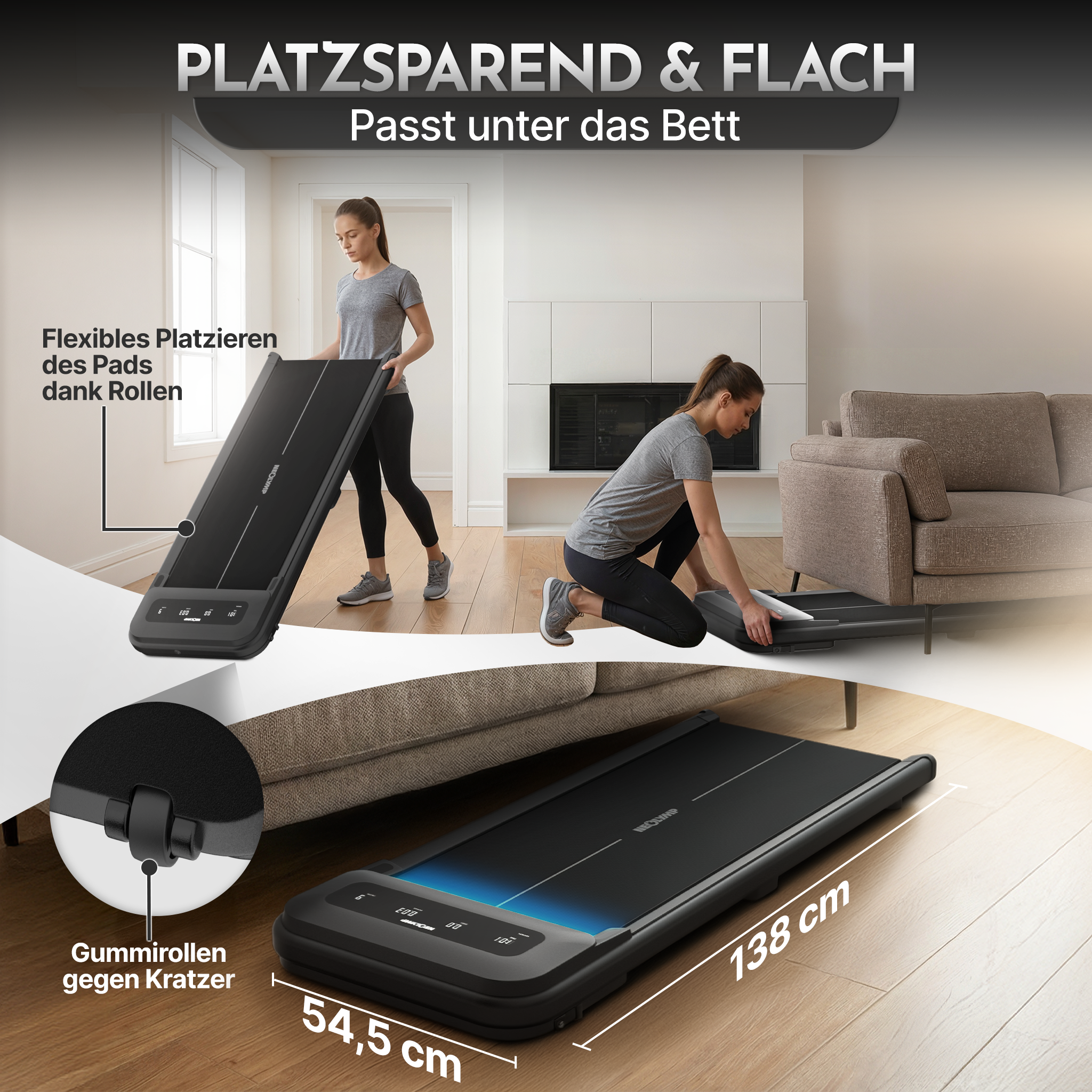 Premium Walking Pad bis 150 kg- mit bürstenlosem Motor, extra leise - - Sportgerät von NEOLYMP | Fitnessequipment und Sportartikel