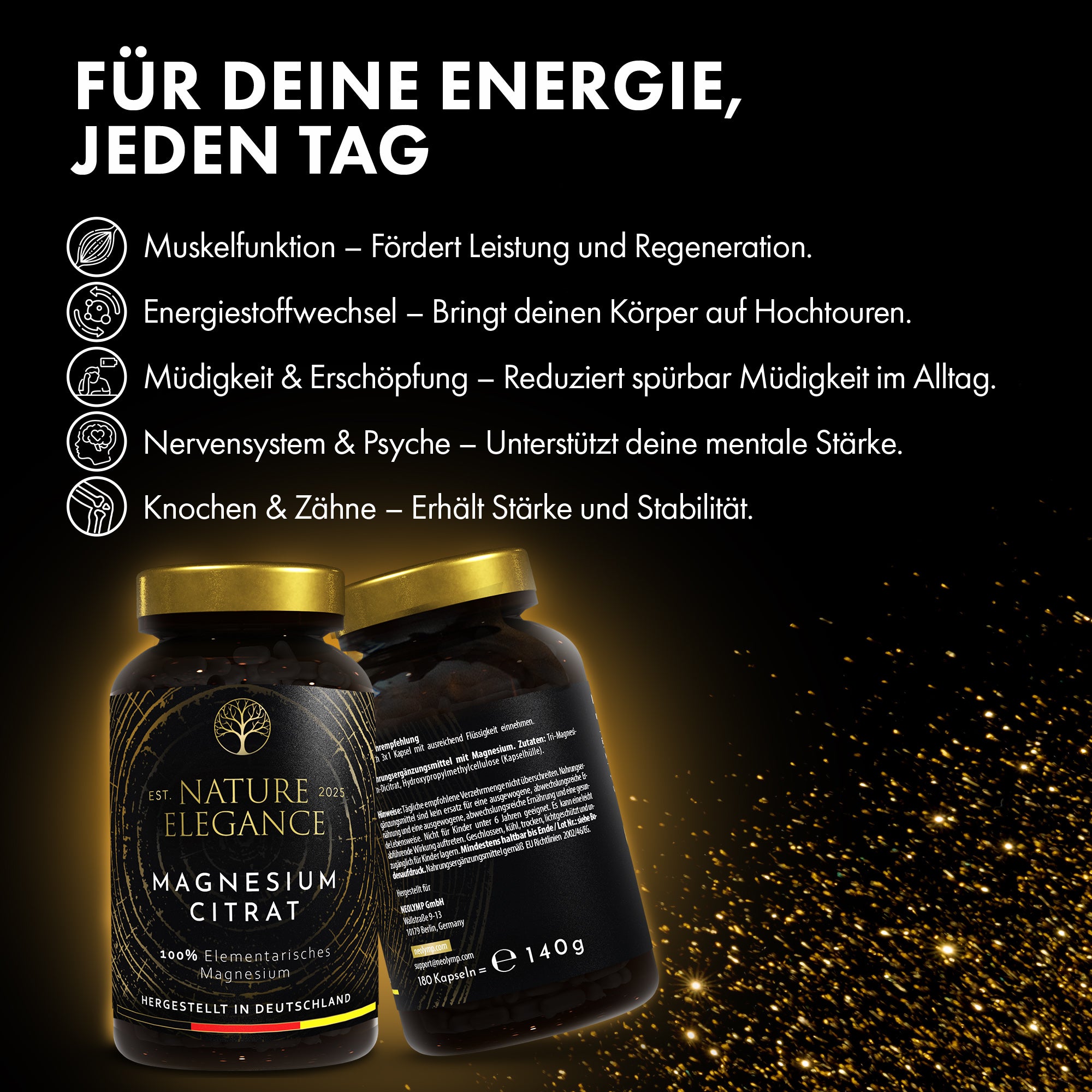 Nature Elegance - Magnesiumcitrat - vegane Kapseln 360mg pro Dosis (2er Pack (360 Stück)) - - Nahrungsergänzungsmittel von NEOLYMP | Fitnessequipment und Sportartikel